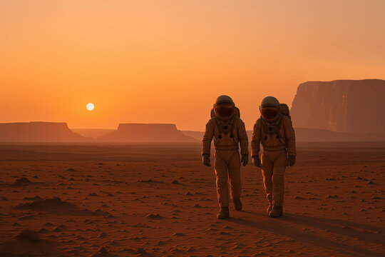 Deux astronautes marchant sur Mars au coucher du Soleil.