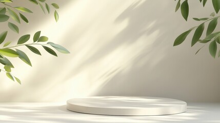 Minimalist scene with round white pedestal surrounded by leafy branches and sunlight casting dd shadows on a soft cream background in harmony