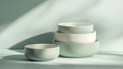 Elegant Stack of Three Muted Green and Off-White Ceramic Bowls Delicately Placed on Pale Green Surface Bathed in Soft Dd Sunlight