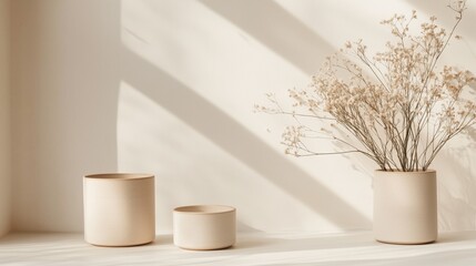 Two beige cylindrical planters of different sizes alongside a tall vase filled with dried baby's breath on a white surface against a white background