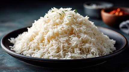 Fluffy white rice in a dark bowl with blurred spices in the background creating a warm and inviting culinary setting for food lovers and chefs alike