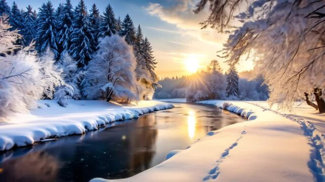 Winter landscape with snow-covered trees reflecting in the water at sunrise scene
