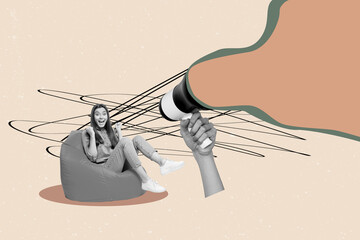 Creative full artwork collage of happy man girl stand hand hold megaphone propaganda strike...