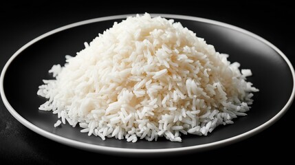 Fluffy White Rice Served Generously on a Dark Gray Plate Against a Sleek Black Background for a Deliciously Elegant Culinary Presentation