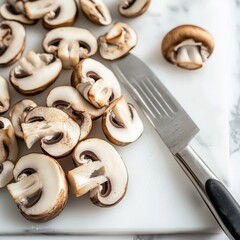 Sliced cremini mushrooms arranged on a white marble cutting board next to a pa knife ready for culinary preparation and delicious dishes