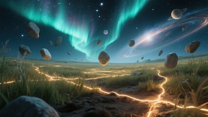 Astral Plains with Floating Stones A surreal fantasy field under a night sky filled with stars and auroras.