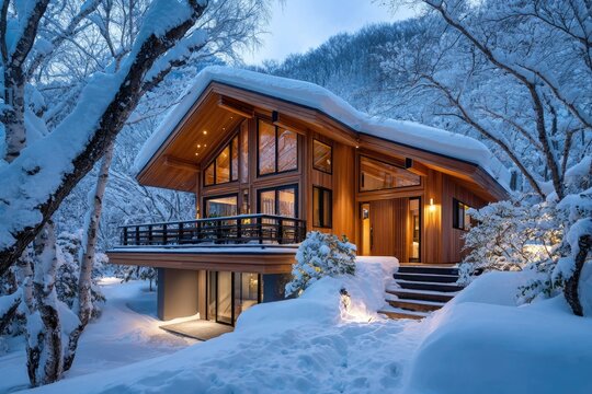 Night view of the wooden house with large windows, snow-covered balcony, and forest in winter