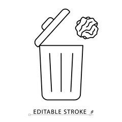 A trash can icon in minimalist style with editable stroke. Waste container, garbage bin, rubbish disposal, recycling object, sanitation equipment, crumpled paper, outline element, vector line drawing.