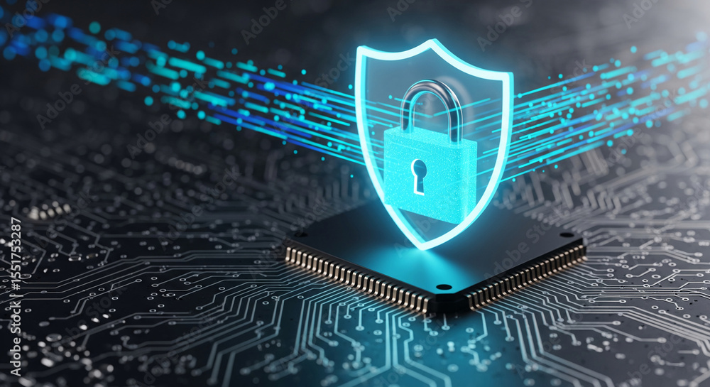 Poster cybersecurity concept: glowing blue padlock and shield on microchip, symbolizing data protection and