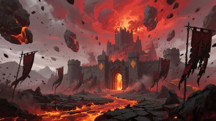 Emberstorm Citadel A fortress surrounded by floating molten rocks.