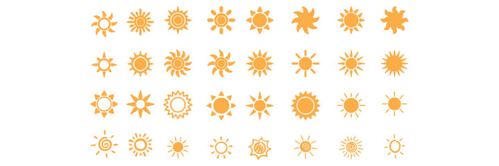 Sun icon set. Yellow sun star icons collection. Summer, sunlight, nature, sky. Vector illustration isolated on white background.