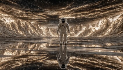 An astronaut is shown wearing a cosmic space suit in front of a nebula background