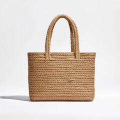Light Brown Rectangular Tote Bag with Thick Rope Handles Crafted from Tightly Woven Rope Material Ideal for Everyday Use and Stylish Carrying Options