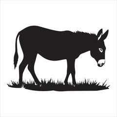 Donkey Silhouette Grazing on Grass Vector Illustration,Black Donkey Silhouette Standing in Field Clipart,Grazing Donkey Animal Silhouette in Grass Design,Farm Donkey Silhouette with Grass Vector Art