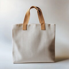 Minimalist Off-White Tote Bag with Tan Leather Handles Set Against a Light Gray Background for Fashion, Style, and Everyday Use Photography
