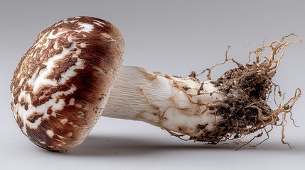 Close-up Detailed View of a Single Shiitake Mushroom Featu Brown Cap, Lighter Markings, Thick White Stem, Soil, and Root-Like Structures Background