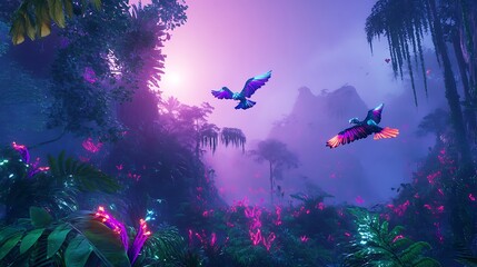 Enchanted Tropical Paradise: Neon Birds in a Dreamlike Jungle
