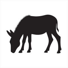 Obraz premium Donkey Silhouette Grazing on Grass Vector Illustration,Black Donkey Silhouette Standing in Field Clipart,Grazing Donkey Animal Silhouette in Grass Design,Farm Donkey Silhouette with Grass Vector Art
