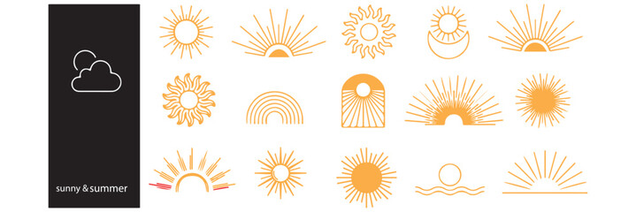 Doodle different sun icons set. Scribble yellow sun with rays symbols.