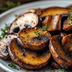Close-Up of a Plate Filled with Savory Roasted Mushroom Slices Seasoned with Fresh Herbs and Cracked Black Pepper Perfect for Culinary Dishes