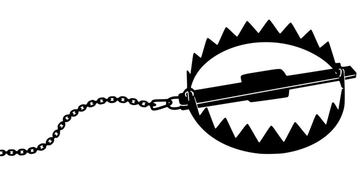 Stylized black silhouette of a bear trap or animal snare on white vector illustration
