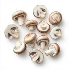Fresh Brown Cremini Mushrooms Scattered on a White Background Ideal for Culinary Use, Healthy Cooking, and Food Presentation Concepts Photography