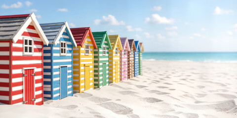 Cabanes de plage colorées, cabane de pêche sur la plage, espace vide pour du texte ou produit