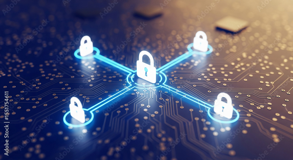 Poster cybersecurity concept image showcasing interconnected locks on a circuit board, symbolizing data pro