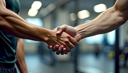 Strong handshake in gym setting symbolizing partnership and teamwork