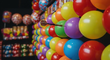 Dart hitting a balloon at colorful carnival game booth