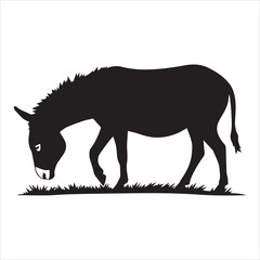 Donkey Silhouette Grazing on Grass Vector Illustration,Black Donkey Silhouette Standing in Field Clipart,Grazing Donkey Animal Silhouette in Grass Design,Farm Donkey Silhouette with Grass Vector Art