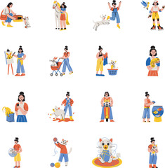 Collection of Pet Companion Flat Style Illustrations 