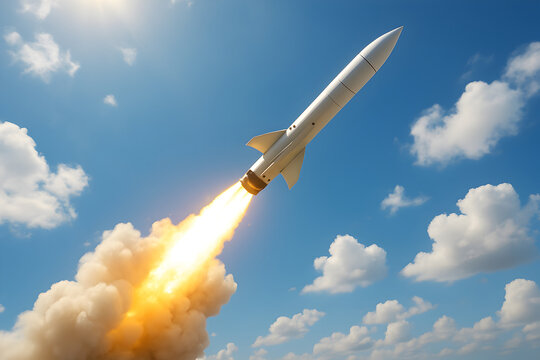 A powerful white rocket ascends into a bright blue sky, leaving a fiery trail of exhaust and smoke.