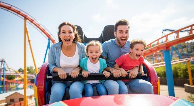 Happy family riding a roller coaster at amusement park on sunny day