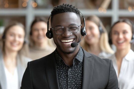 A call center's customer service, deal management, or hotline operations are overseen by a mentor, business professionals, or a happy person, who also focus on group support, lead generation, or