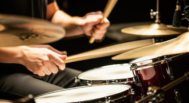 Close-up of drummer playing drum set with sticks in studio