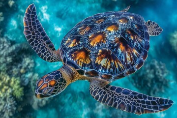 Obraz premium A drone captures a top-down view of a green turtle swimming in the clear blue water of Exmouth in the Ningaloo, Western Australia, where it can be seen breathing at the surface, displaying the