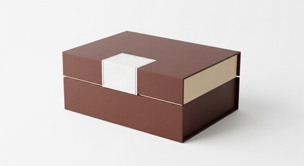 closed brown rectangular gift box with white label on white background