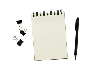 Isolated Background Paper Notepad with Pen and Clip Flat Lay View