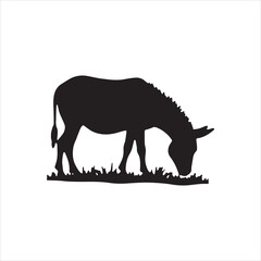 Fototapeta premium Donkey Silhouette Grazing on Grass Vector Illustration,Black Donkey Silhouette Standing in Field Clipart,Grazing Donkey Animal Silhouette in Grass Design,Farm Donkey Silhouette with Grass Vector Art