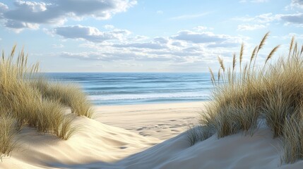 A scenic beach landscape featuring sand dunes, sea oats, and a serene ocean