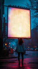 Reflective moment: person gazing at vibrant city billboard during twilight