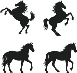 Four black horse silhouettes showing different poses and movements