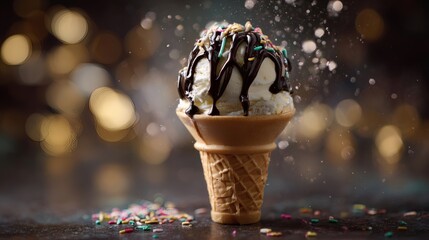 Naklejka premium Studio photo of vanilla gelato topped with glossy dark chocolate drizzle and sprinkles, set in a crisp waffle cone, shallow depth of field, elegant lighting 