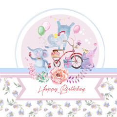greeting card with a funny elephants on bicycle and flowers