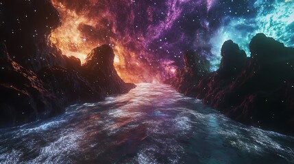 Cosmic Seascape: A Stellar River Between Nebulous Mountains