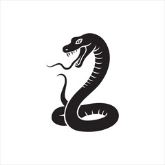 Cobra Snake Silhouette Vector Design,Aggressive Snake Illustration in Black,Coiled Snake with Open Mouth Vector,Dangerous Cobra Snake Art for Tattoo,Wild Snake Logo Design in Flat Style
