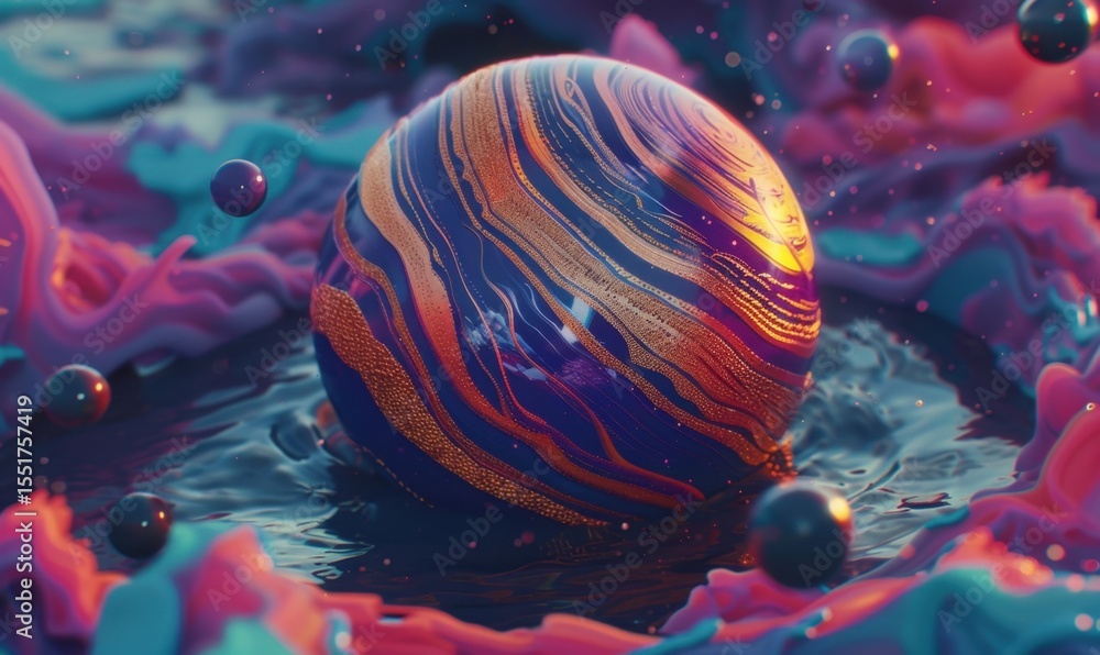 Poster abstract sphere floating in colorful swirling liquid background