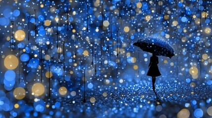 An umbrella is held by a person in a rainy cityscape at dusk, conveying the mood of urban life and the introspective ambiance that the rain induces