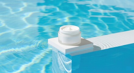 Open jar of white cream on white platform with blue water background
